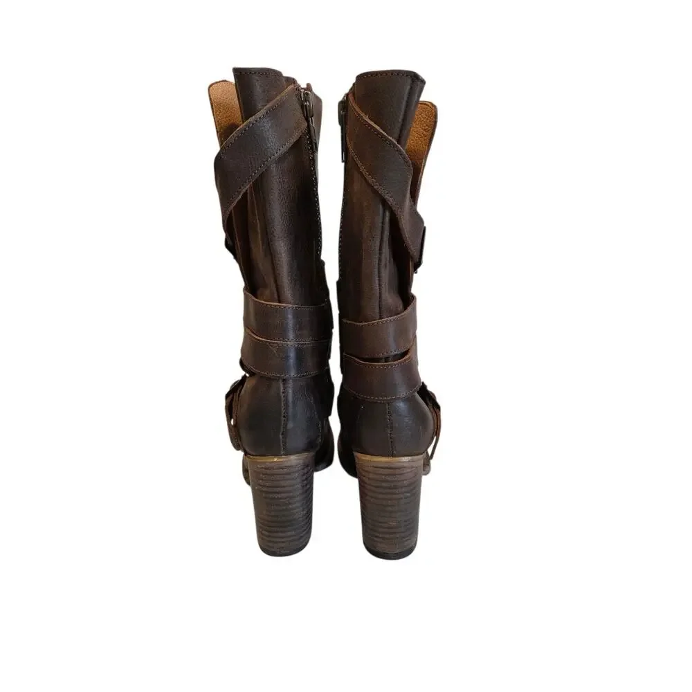 Freebird BARKER Mid-calf Brown Leather Boots, Buckle Details Side Zip, Boho | 9 - Picture 4 of 16